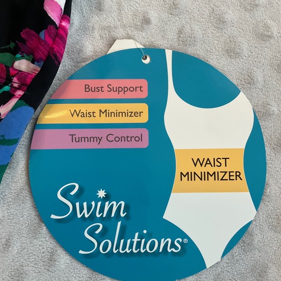 NWT Swim Solutions Black Floral Waist Minimizing‎ One Piece Swimsuit Size 16 - Picture 3 of 7